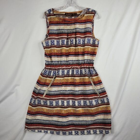 SPEED CONTROL NEW York rust tan blue cream sleeveless dress w/ pockets L LARGE - Picture 7 of 9